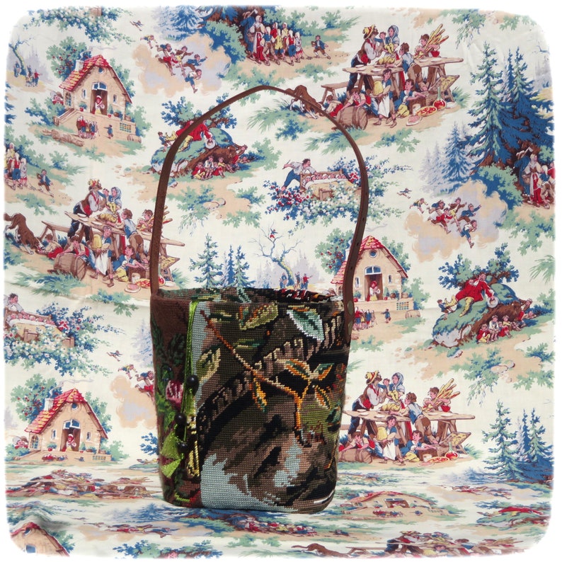 Tapestry Needlepoint Bucket Bag, Red Partridge, Woven basket bag, Feathers, Wild Bird image 6