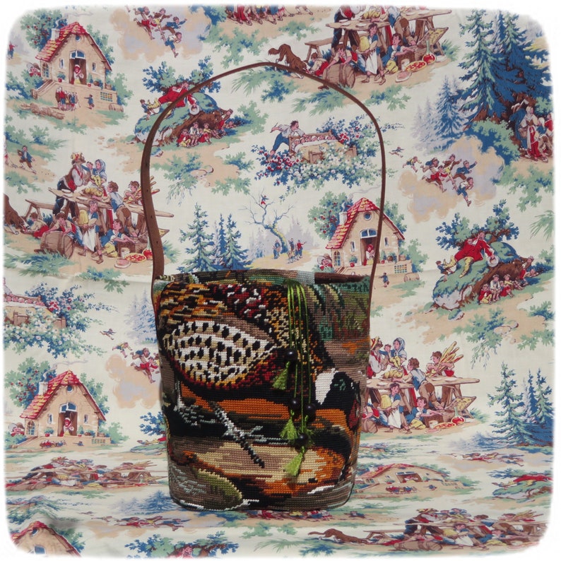 Tapestry Needlepoint Bucket Bag, Red Partridge, Woven basket bag, Feathers, Wild Bird image 8