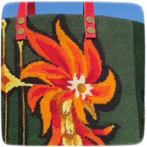 Tapestry Handbag with Vintage Needlepoint, Seventies Design, Floral Rooster image 5