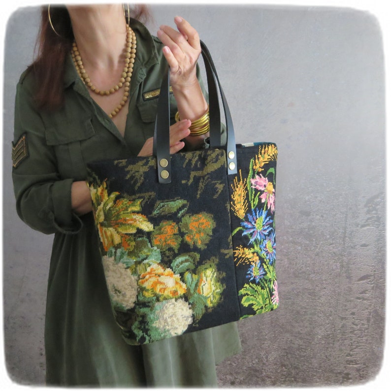 Tapestry Handbag with Vintage Needlepoint, Yellow Peonies, Wild flowers in Copper Vase image 7