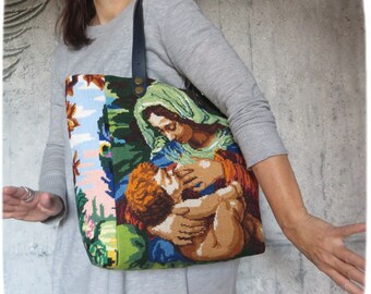 Tapestry Tote, Canvas Handbag Virgin Mary and Jesus baby, Christian Spirit, Religious