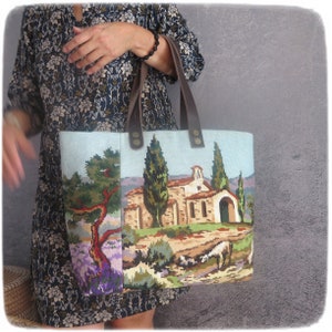 Tapestry Handbag with Vintage Needlepoint, Provence Landscape, Lavender Fields, Romanesque Chapel image 2
