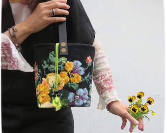 Tapestry Needlepoint Bucket Bag, Woven basket bag, Yellow Pansies