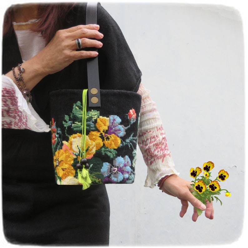 Tapestry Needlepoint Bucket Bag, Woven basket bag, Yellow Pansies image 1