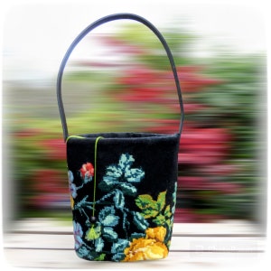 Tapestry Needlepoint Bucket Bag, Woven basket bag, Yellow Pansies image 3