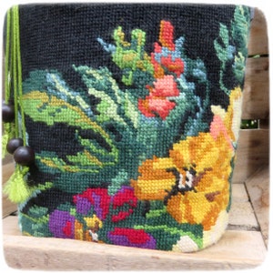 Tapestry Needlepoint Bucket Bag, Woven basket bag, Yellow Pansies image 8