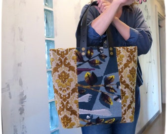 Tapestry Purse, Canvas Handbag, Golden Italian Velvet with brocade, Needlepoint patch