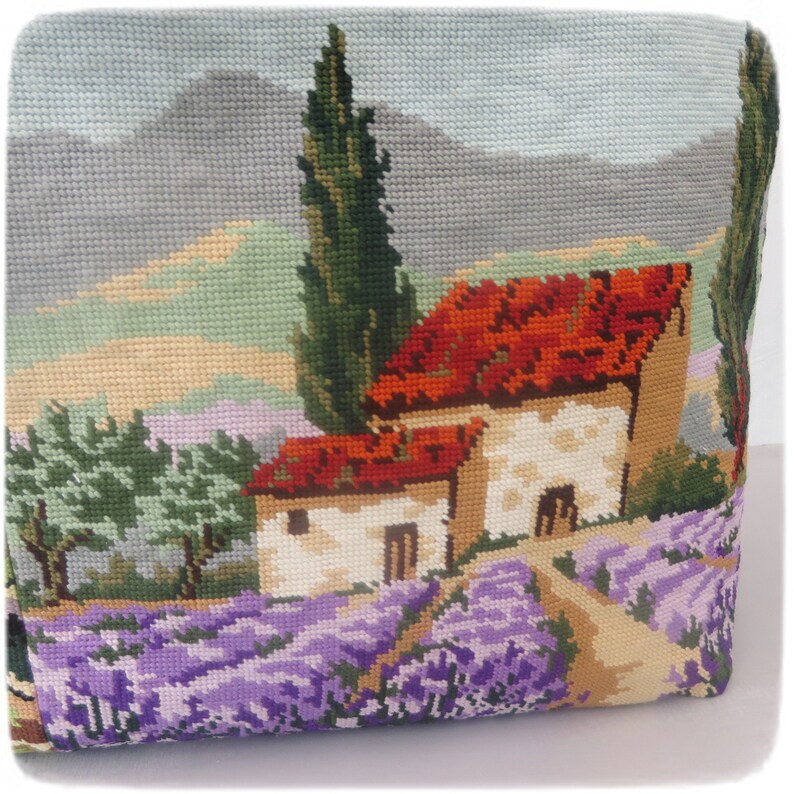 Tapestry Handbag with Vintage Needlepoint, Provence Landscape, Lavender Fields, Romanesque Chapel image 8