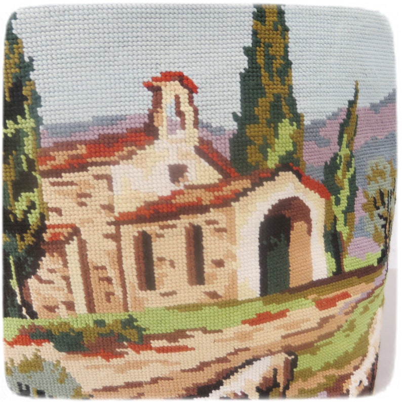 Tapestry Handbag with Vintage Needlepoint, Provence Landscape, Lavender Fields, Romanesque Chapel image 5