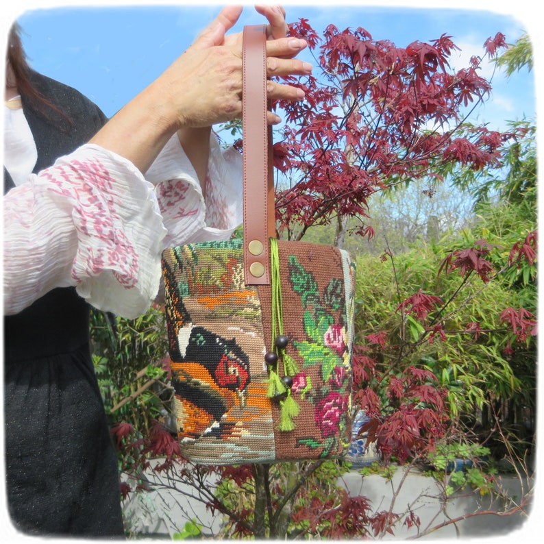 Tapestry Needlepoint Bucket Bag, Red Partridge, Woven basket bag, Feathers, Wild Bird image 5