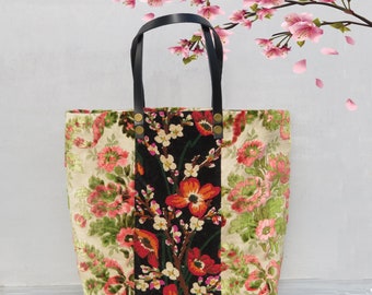 Tapestry Handbag with Vintage Needlepoint, Embroidered Velvet, Cherry Branch