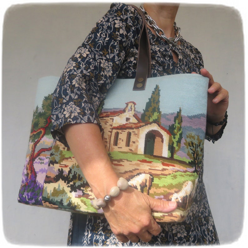 Tapestry Handbag with Vintage Needlepoint, Provence Landscape, Lavender Fields, Romanesque Chapel image 7