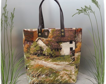 Needlepoint Tote, Handbag with Antique Tapestry, The Old Bridge, French Cottages