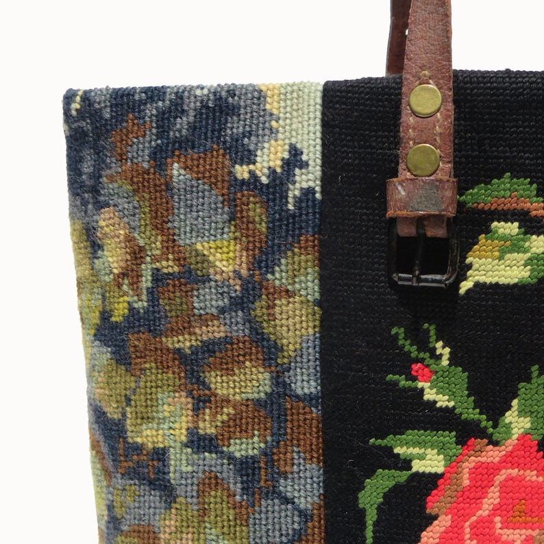 Tapestry Handbag with Vintage Needlepoint Red Roses Flowers
