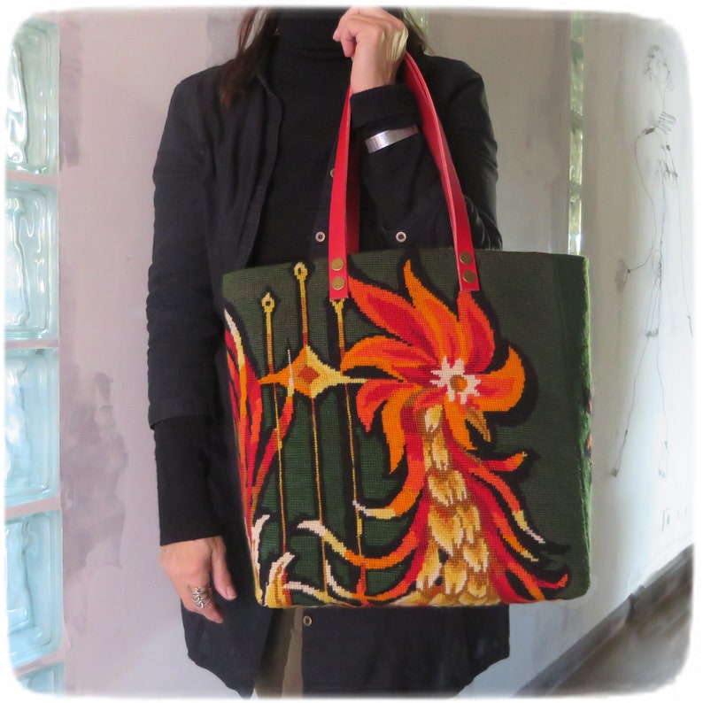 Tapestry Handbag with Vintage Needlepoint, Seventies Design, Floral Rooster image 2