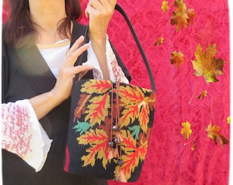 Tapestry Needlepoint Bucket Bag, Colored Leaves, Woven basket bag, Wool stitches, Feathers and Foliage