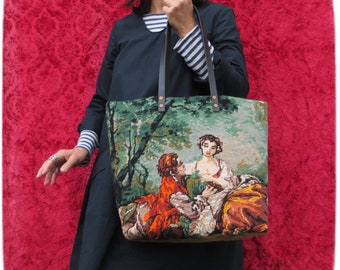 French Tapestry Purse, Canvas Handbag, French Gallant Scene, François Boucher, Courtly Love