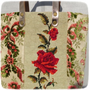 Romantic Bag, Tapestry vintage, Floral Upholstery Velvet, Red Rose Needlepoint image 5