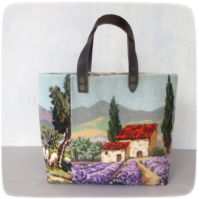 Tapestry Handbag with Vintage Needlepoint, Provence Landscape, Lavender Fields, Romanesque Chapel image 6