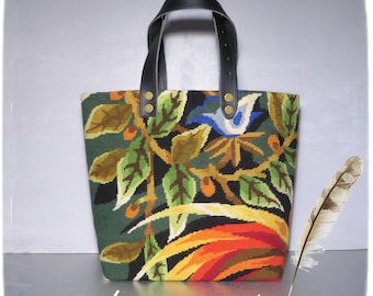 Tapestry Handbag with Vintage Needlepoint, Seventies Design, Feathers and Foliage