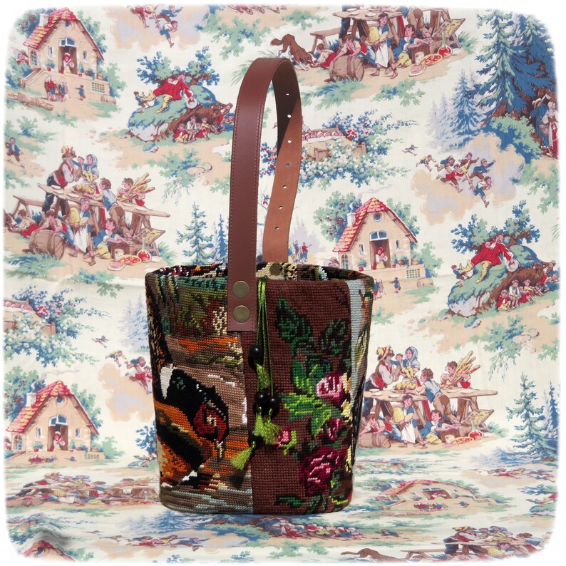 Tapestry Needlepoint Bucket Bag, Red Partridge, Woven basket bag, Feathers, Wild Bird image 4