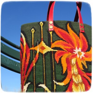 Tapestry Handbag with Vintage Needlepoint, Seventies Design, Floral Rooster image 7