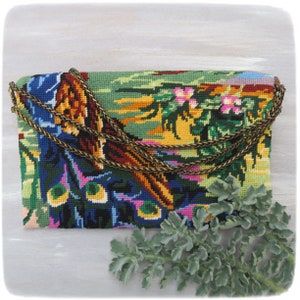 Zipper Carpet Cross body bag, French Antique needlepoint Blue Peacock, Colorful Feathers image 3