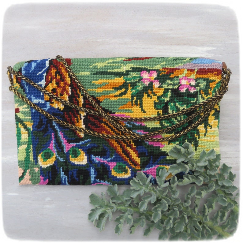 Zipper Carpet Cross body bag, French Antique needlepoint Blue Peacock, Colorful Feathers image 3