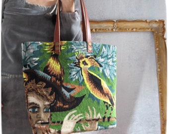 Vintage canvas tas, Cocteau stijl tapijt Tote, Jean Marais, Oiseleur, Fauna