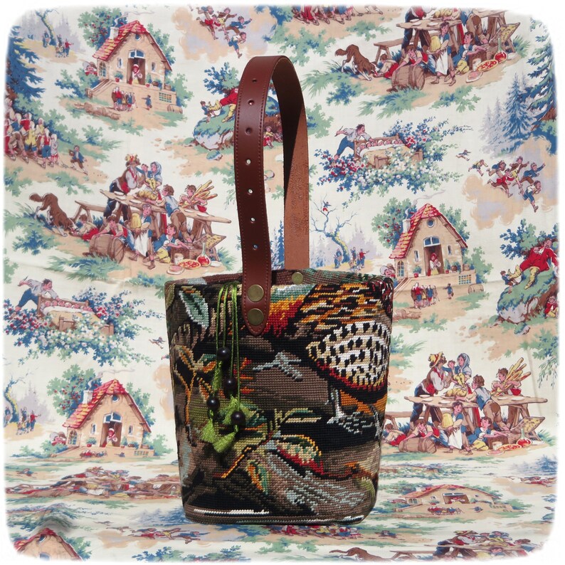 Tapestry Needlepoint Bucket Bag, Red Partridge, Woven basket bag, Feathers, Wild Bird image 2