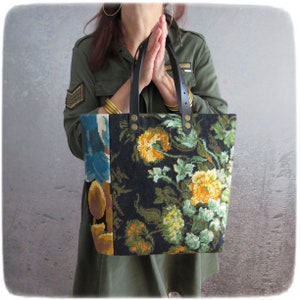 Tapestry Handbag with Vintage Needlepoint, Yellow Peonies, Wild flowers in Copper Vase image 6