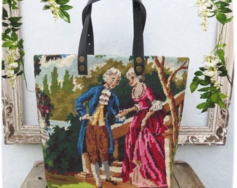 Sac en Tapisserie Vintage, Cabas en Canevas, Scène Galante, Amour courtois, Couples de Courtisans au jardin