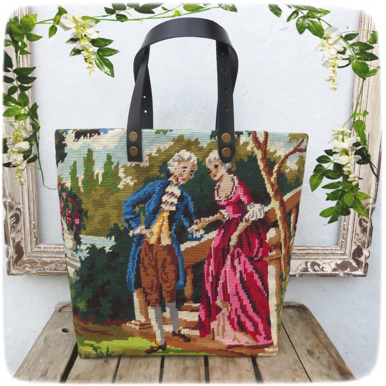 French Tapestry Purse, Canvas Handbag, French Gallant Scene, Two Romantic Couples in Royal Garden image 1