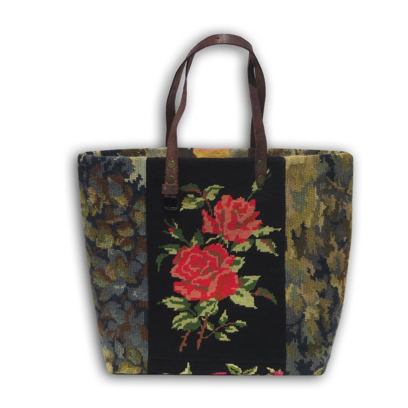 Tapestry Handbag with Vintage Needlepoint Red Roses Flowers