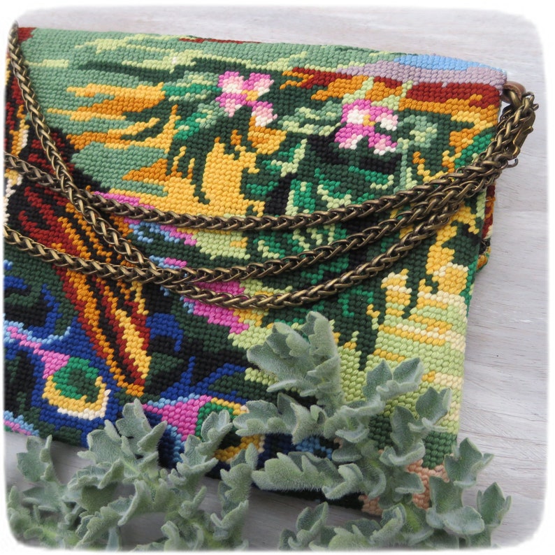 Zipper Carpet Cross body bag, French Antique needlepoint Blue Peacock, Colorful Feathers image 7