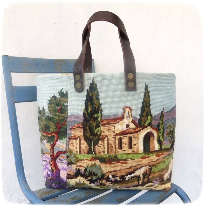 Tapestry Handbag with Vintage Needlepoint, Provence Landscape, Lavender Fields, Romanesque Chapel image 4