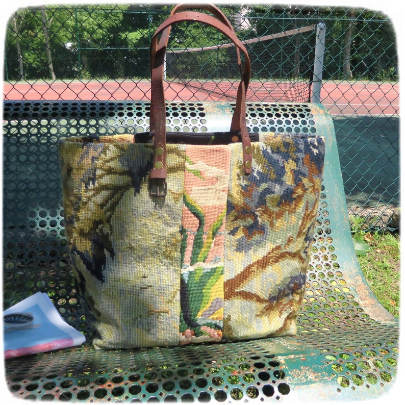 Tapestry Handbag with Vintage Needlepoint Red Roses Flowers