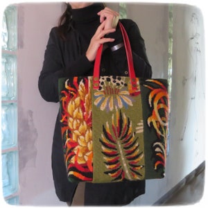 Tapestry Handbag with Vintage Needlepoint, Seventies Design, Floral Rooster image 4