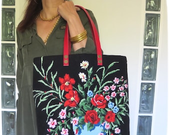 Needlepoint Shopping Bag, Tapestry Purse, Red Windflowers or Anemones, White Daisies, Wild Flowers in vase