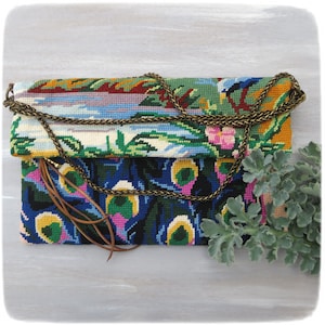 Zipper Carpet Cross body bag, French Antique needlepoint Blue Peacock, Colorful Feathers image 2