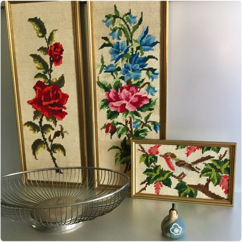 Romantic Bag, Tapestry vintage, Floral Upholstery Velvet, Red Rose Needlepoint image 10