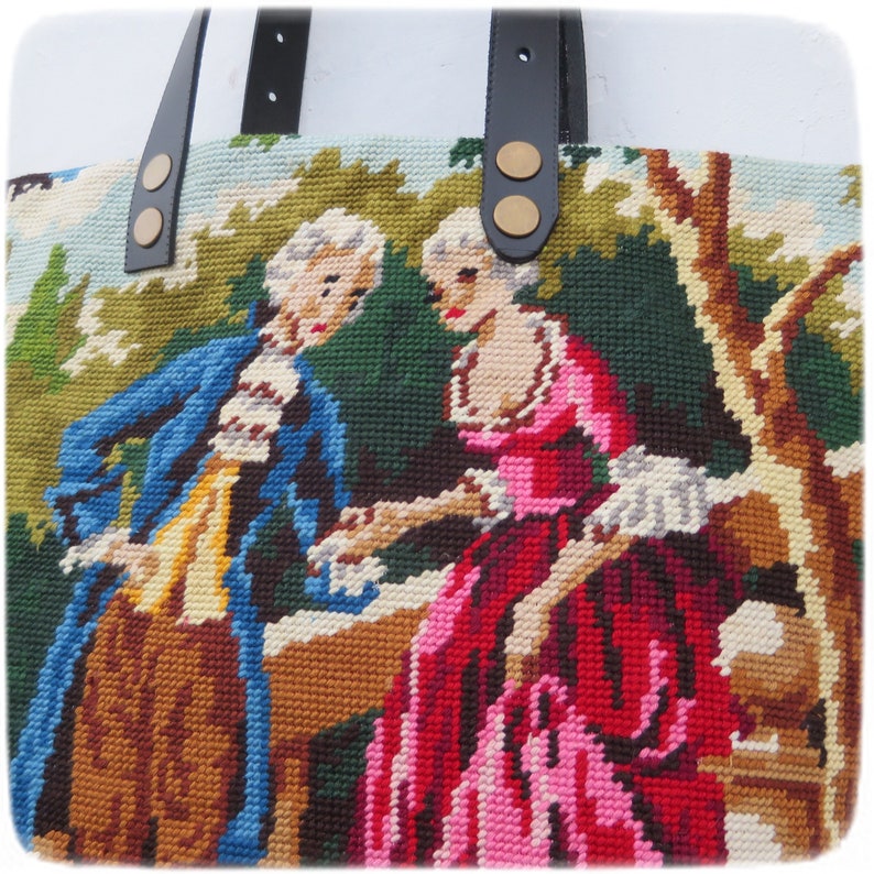 French Tapestry Purse, Canvas Handbag, French Gallant Scene, Two Romantic Couples in Royal Garden image 5