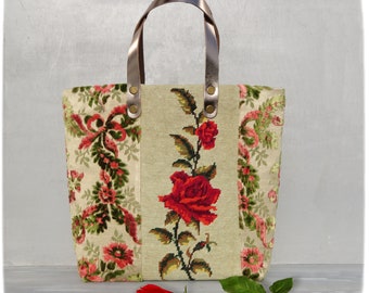 Romantic Bag, Tapestry vintage, Floral Upholstery Velvet, Red Rose Needlepoint