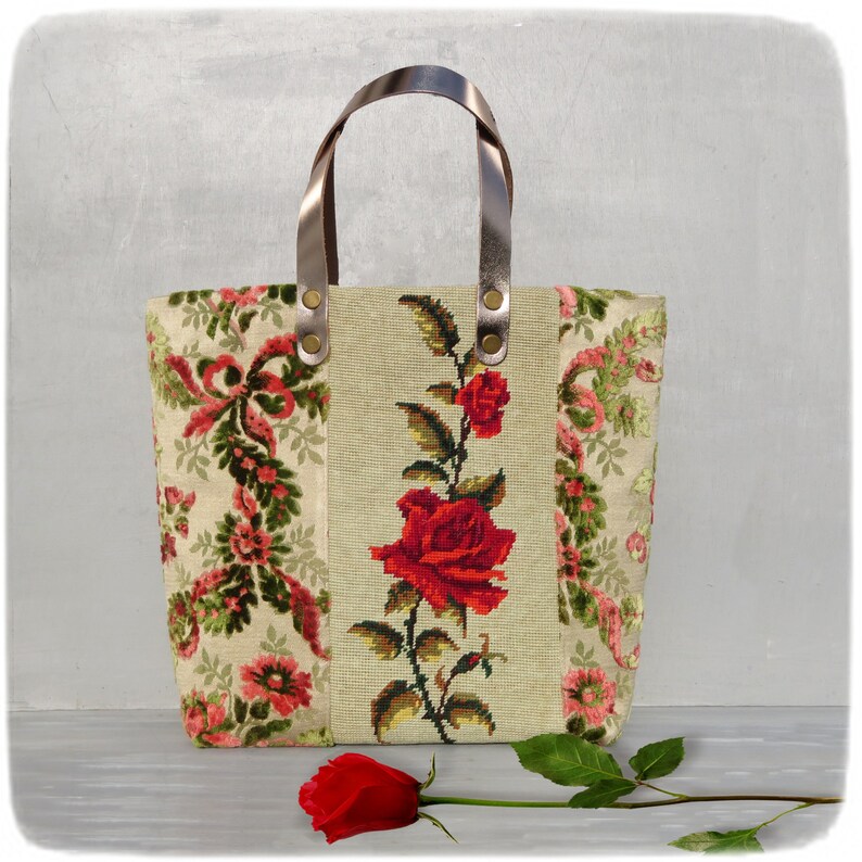 Romantic Bag, Tapestry vintage, Floral Upholstery Velvet, Red Rose Needlepoint image 1