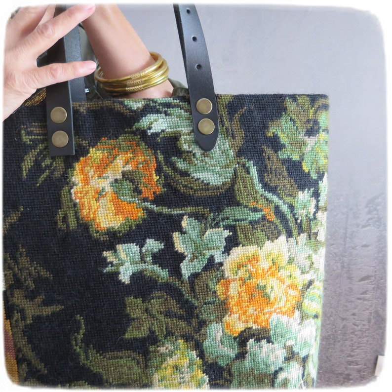 Tapestry Handbag with Vintage Needlepoint, Yellow Peonies, Wild flowers in Copper Vase image 8