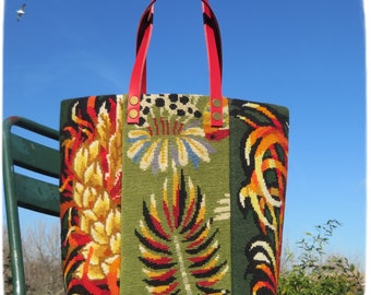 Tapestry Handbag with Vintage Needlepoint, Seventies Design, Floral Rooster