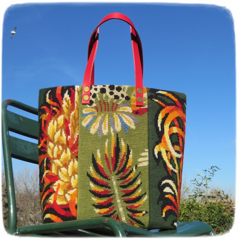 Tapestry Handbag with Vintage Needlepoint, Seventies Design, Floral Rooster image 1