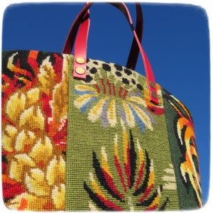Tapestry Handbag with Vintage Needlepoint, Seventies Design, Floral Rooster image 8