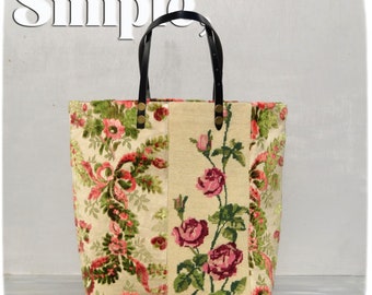 Cabas Fleuri, Canevas vintage et Velours d'Ameublement, Sac en Tapisserie Rose en Fleur