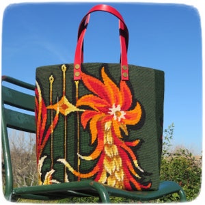 Tapestry Handbag with Vintage Needlepoint, Seventies Design, Floral Rooster image 3